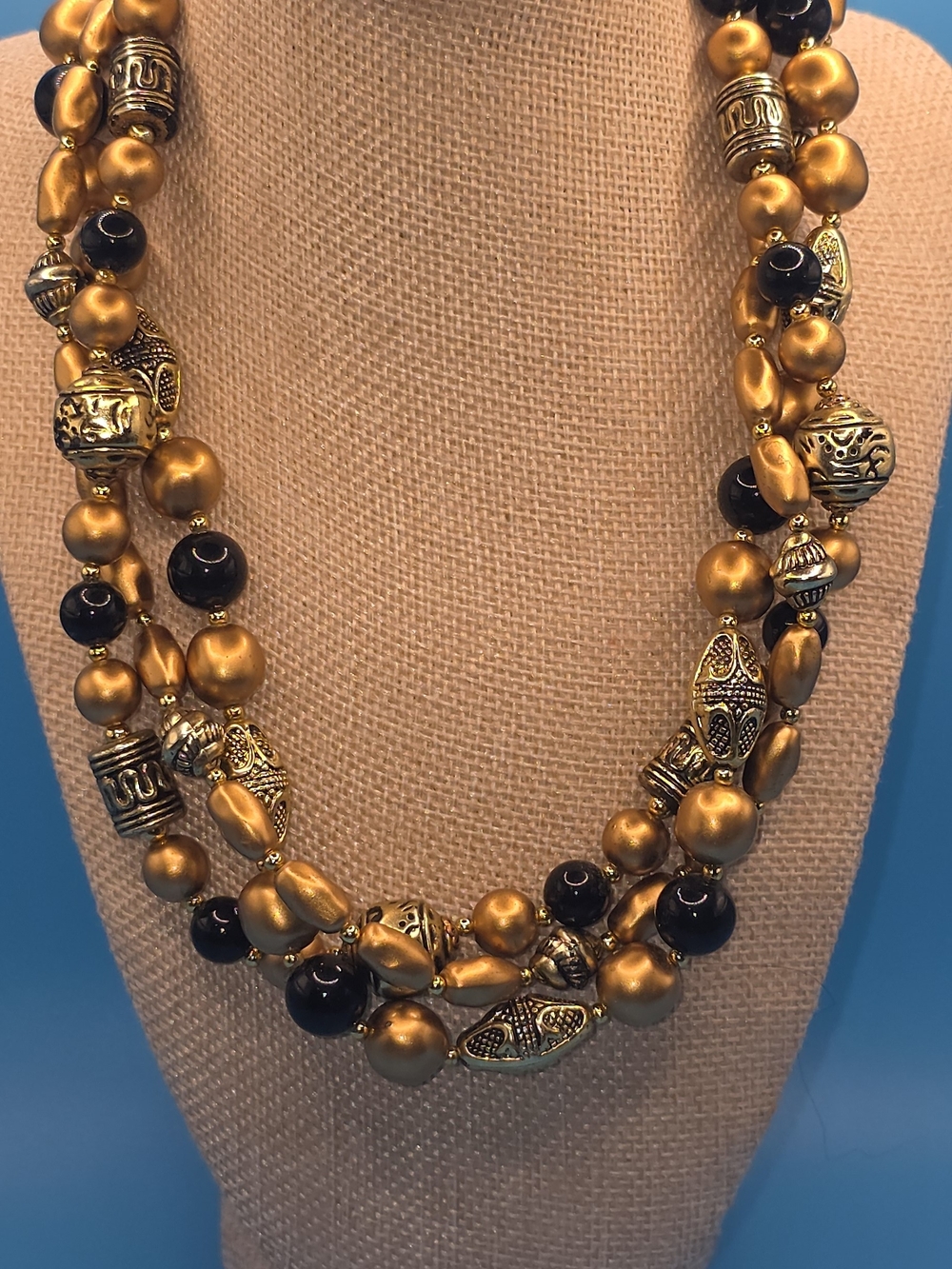 Gold and Black Beaded Statement Necklace - Women Jewelry